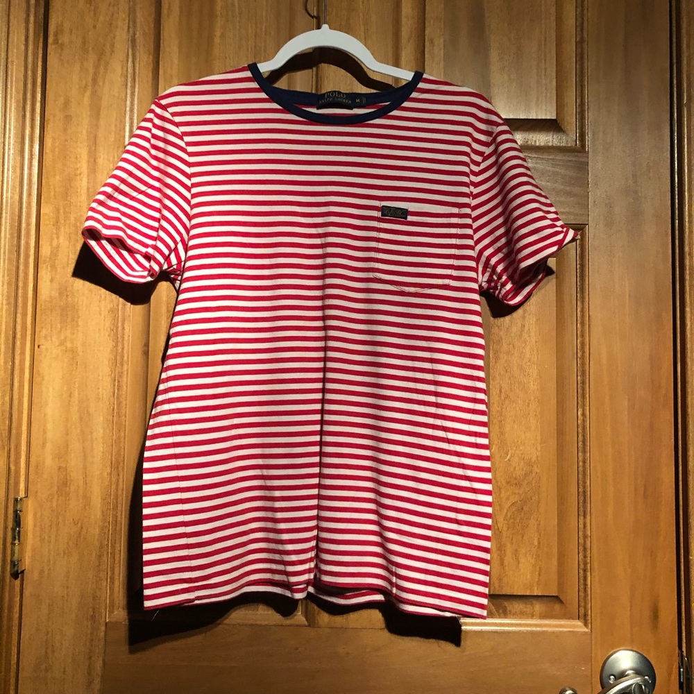Red and white striped polo shirt